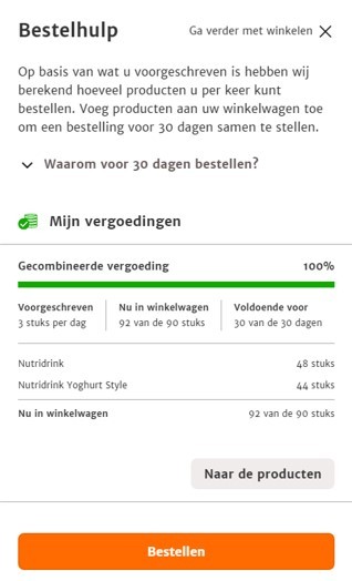 Bestelhulp met meerdere voorschriften en doseringen met voor 100% gevulde voortgangsbalk