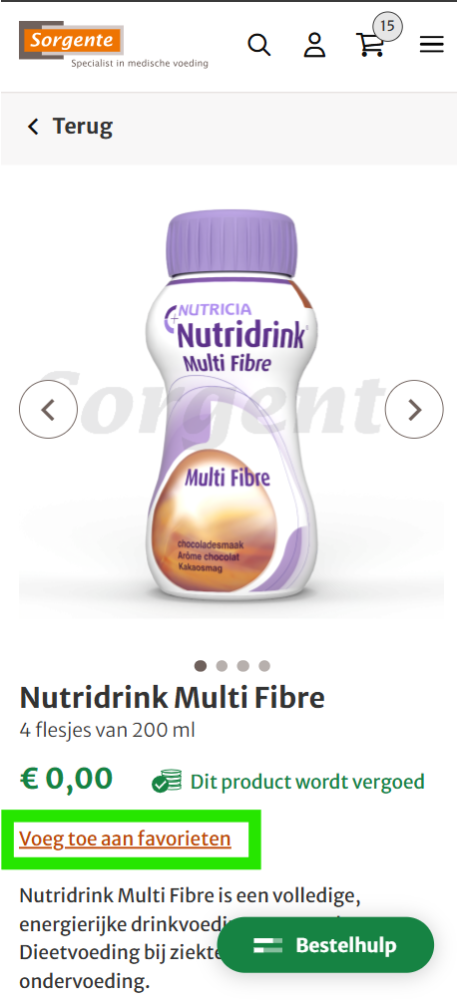 Screenshot waarop te zien is dat door middel van linkje 'voeg toe aan favorieten', een favoriet product bewaard kan worden.