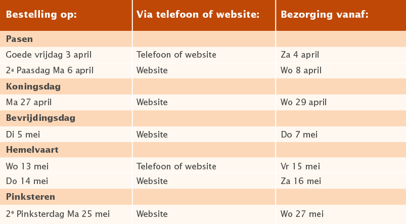 Schema met feestdagen en bezorgdagen